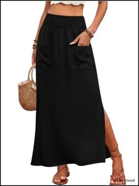 Linen Maxi Skirt High Waist Flowy Side Slit Pockets Summer Beach Vacation